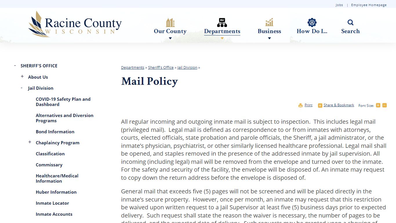 Mail Policy | Racine County, WI